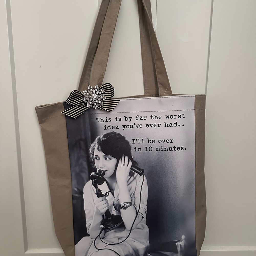 Stylish Beige Tote Bag with Vintage Print